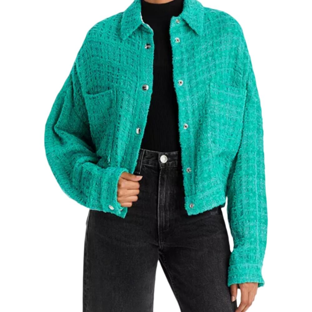 IRO Paris Cropped Tweed Jacket Green Textured Button Front Shirt Jacket 36